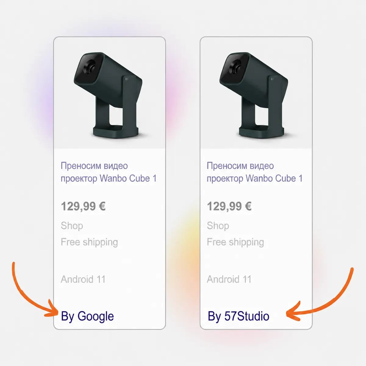 Două anunțuri Google Shopping identice: unul By Google, celălalt By 57Studio.