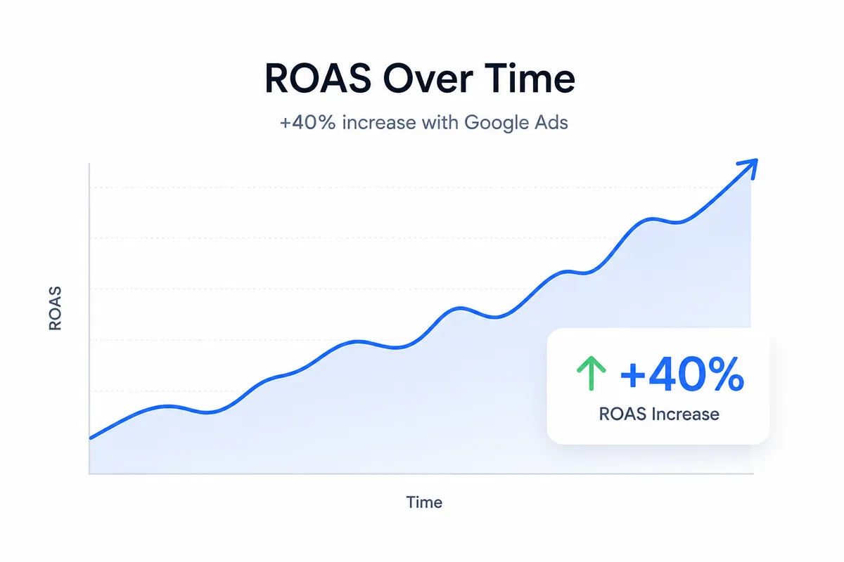 Grafic ROAS în timp, cu o creștere de +40% după Google Ads și mutarea pe CSS.