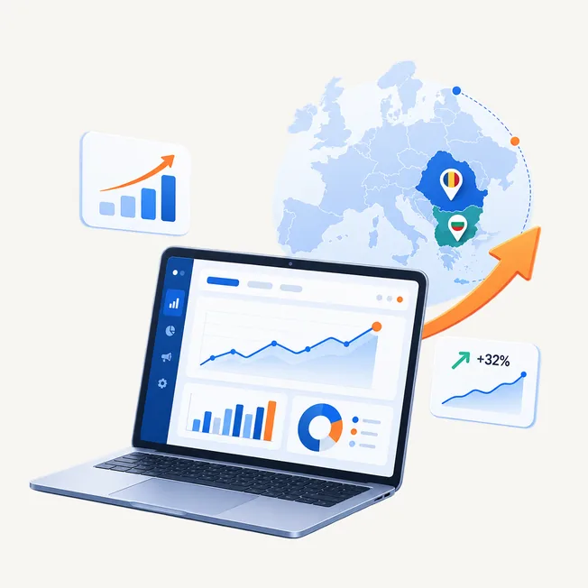 Analytics dashboard on a laptop with Romania and Bulgaria on the map, growth charts, and an upward orange arrow