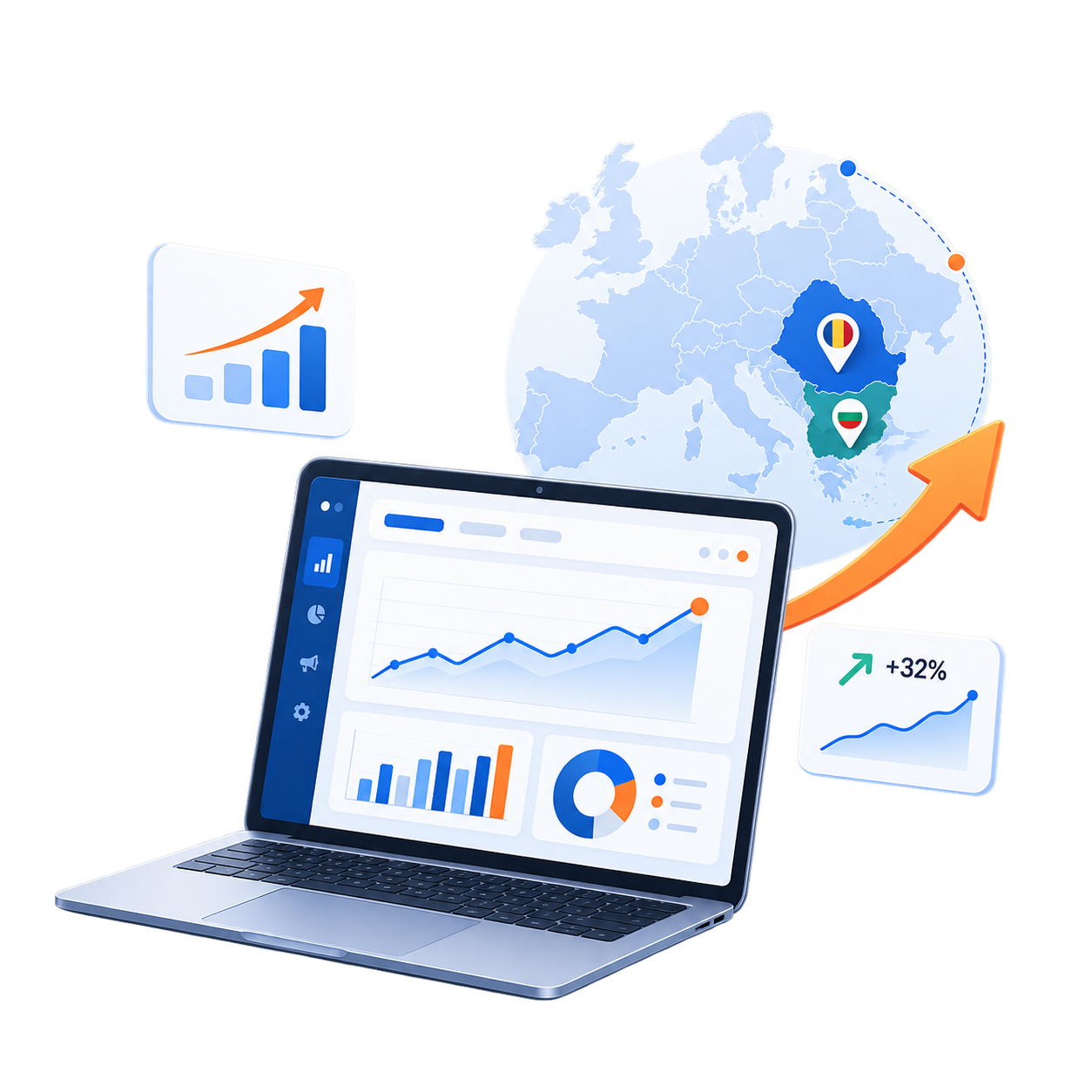 Analytics dashboard on a laptop with Romania and Bulgaria on the map, growth charts, and an upward orange arrow